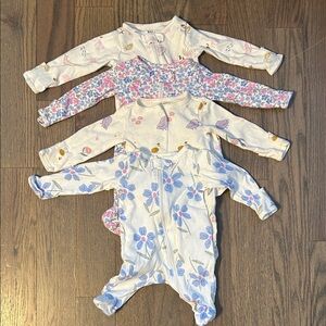 Baby Girls Floral & Bird Zip Footie Bundle - White, Pink, Blue